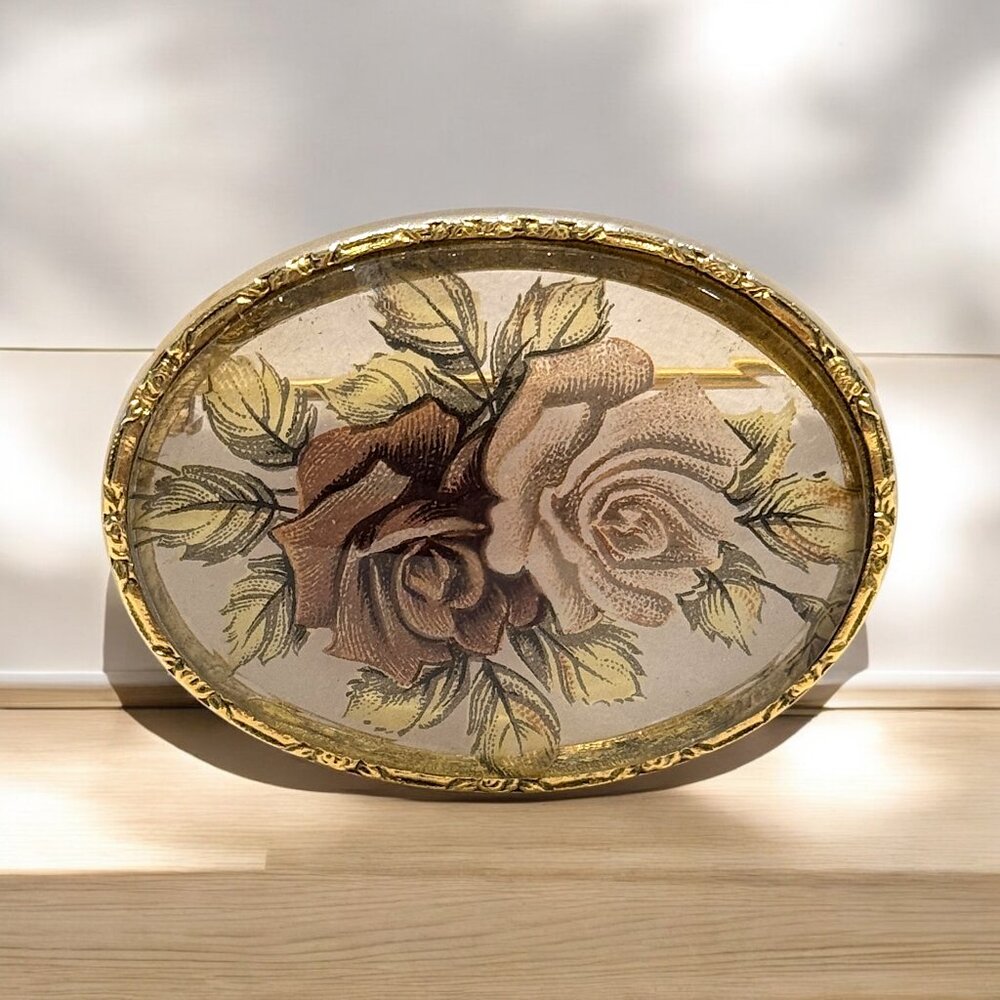 Vintage Oval Brooch Pin Clear Glass Flowers Roses